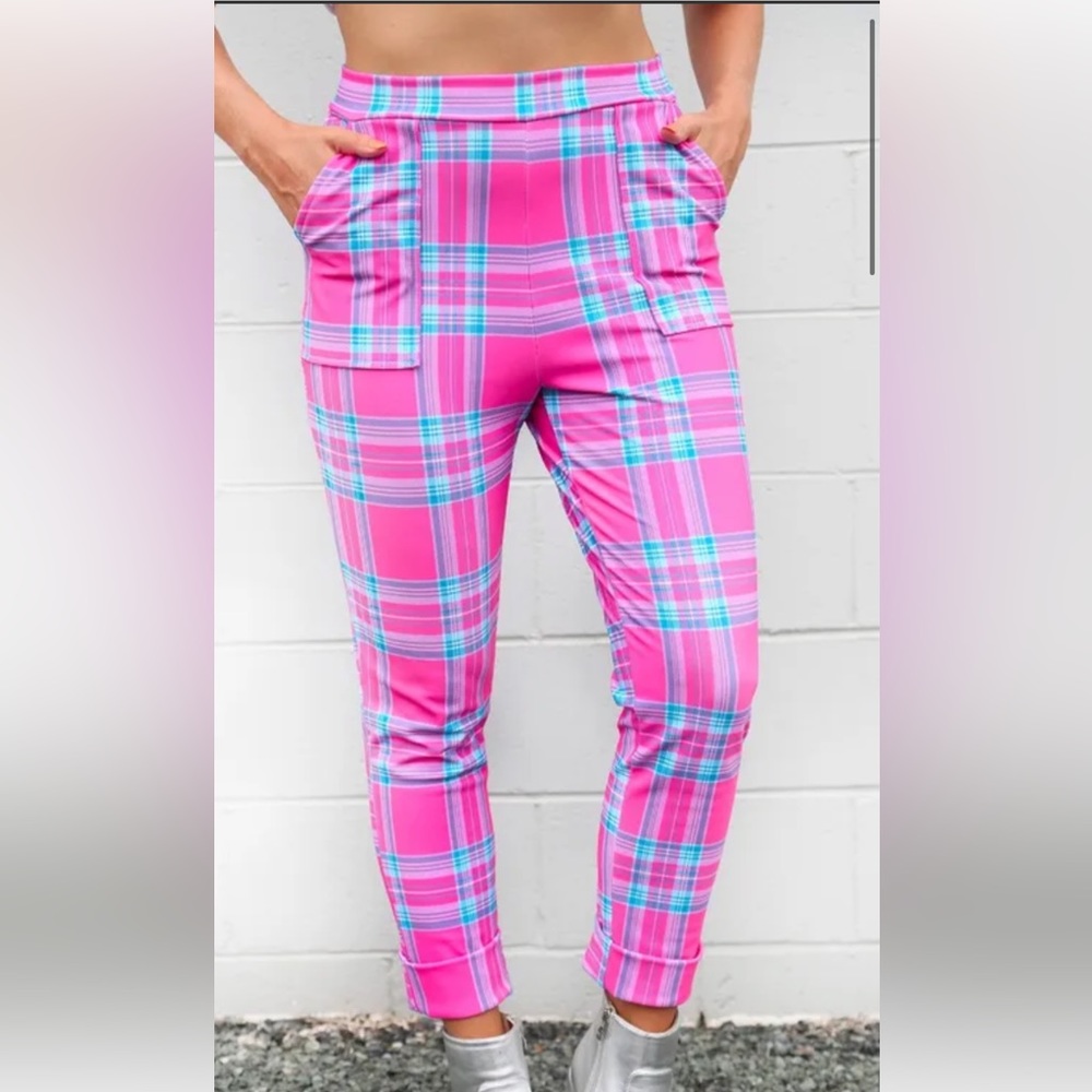 Blackmilk Rare Barbie Doll Tartan pink blue plaid soft stretch legging pants M